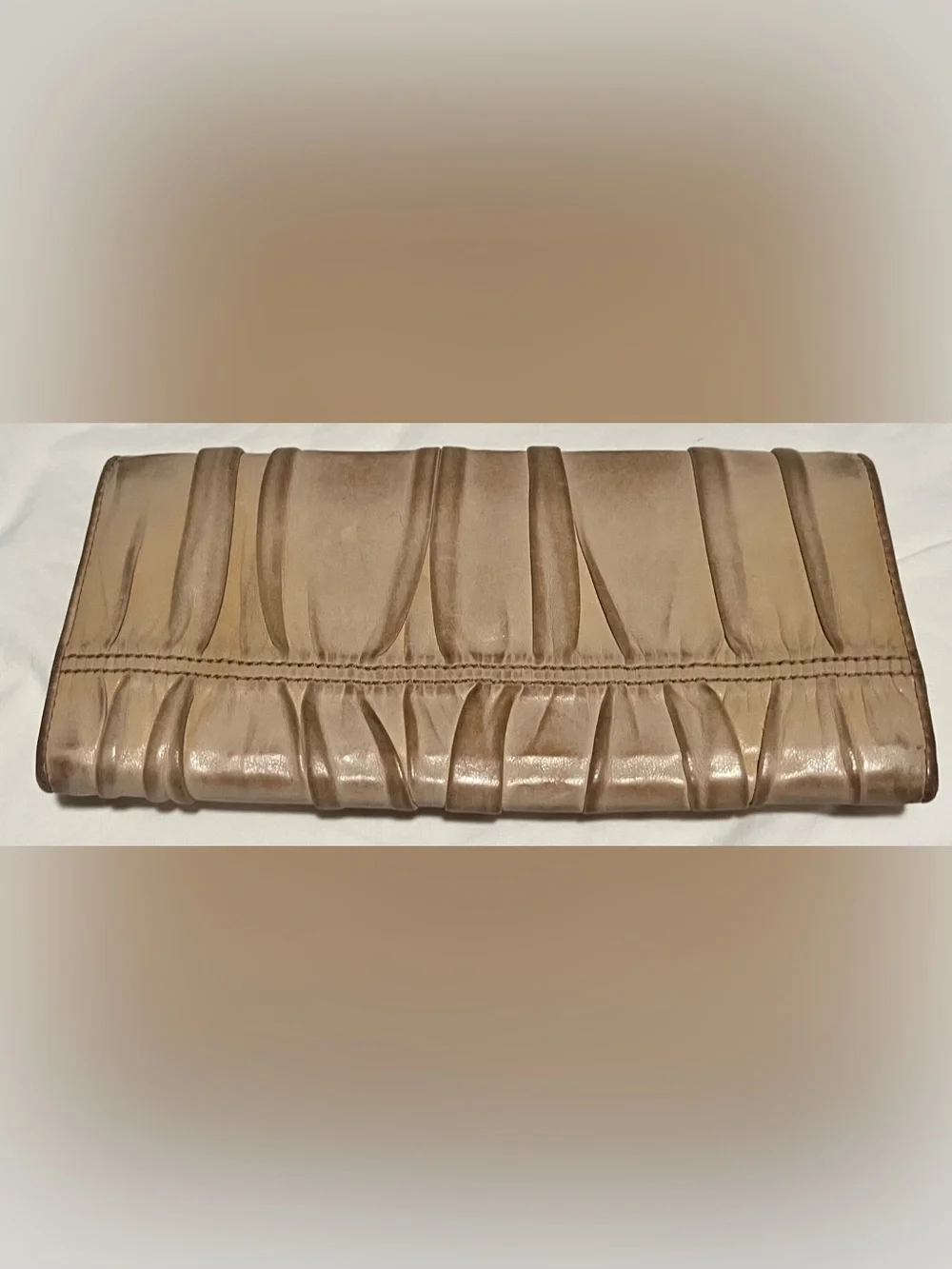 Prada Metallic Beige Ruched Leather Wallet with Gold Logo